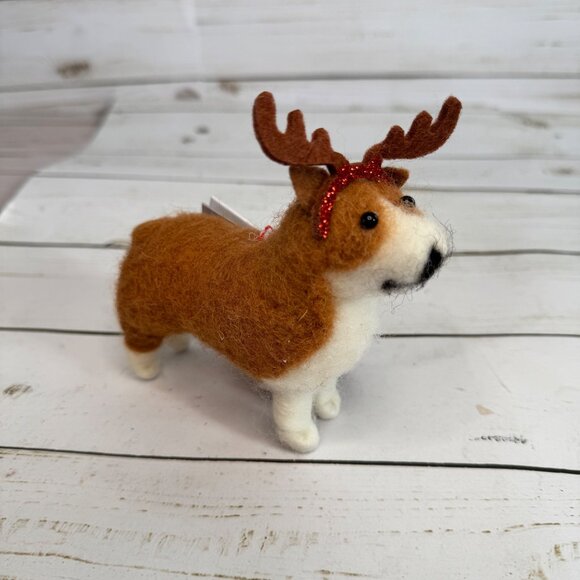 Felted Wool Corgi Dog Reindeer Antlers Christmas Tree Pet Ornament Wondershop - Picture 2 of 7